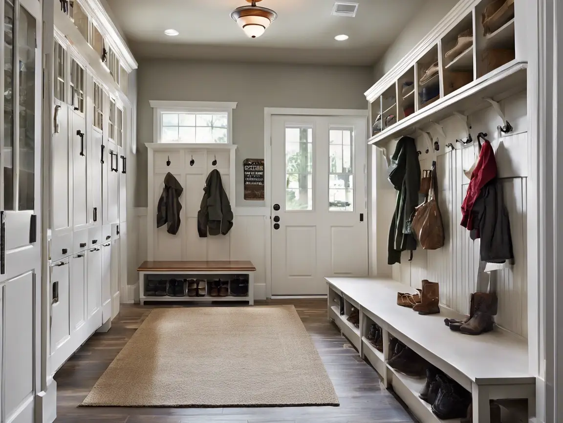 Mudroom Addition with halltree in white and a lot of storage above