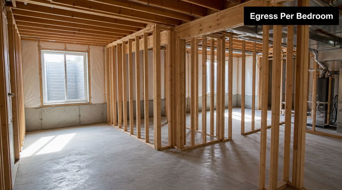 Unfinished basement with wooden framing and an egress window installed, following egress per bedroom building requirements.