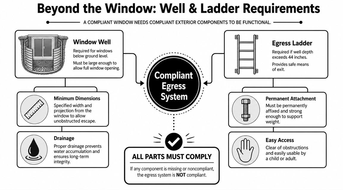 A diagram outlining the safety requirements for basement egress window wells and emergency exit ladders.