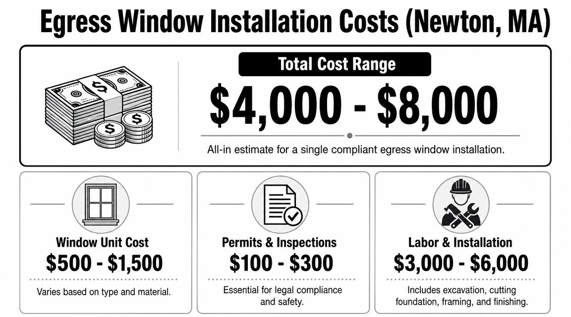 An infographic detailing the estimated cost breakdown for installing a basement egress window in Newton, Massachusetts.