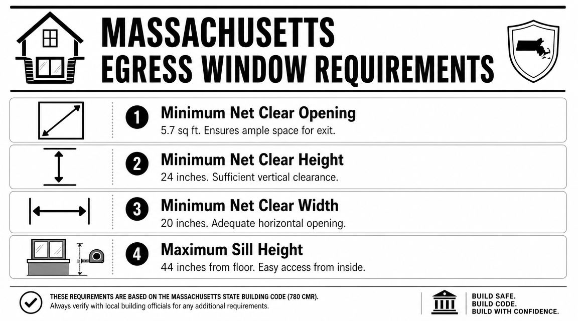 An infographic detailing Massachusetts building code requirements for basement egress windows including dimensions and opening sizes.