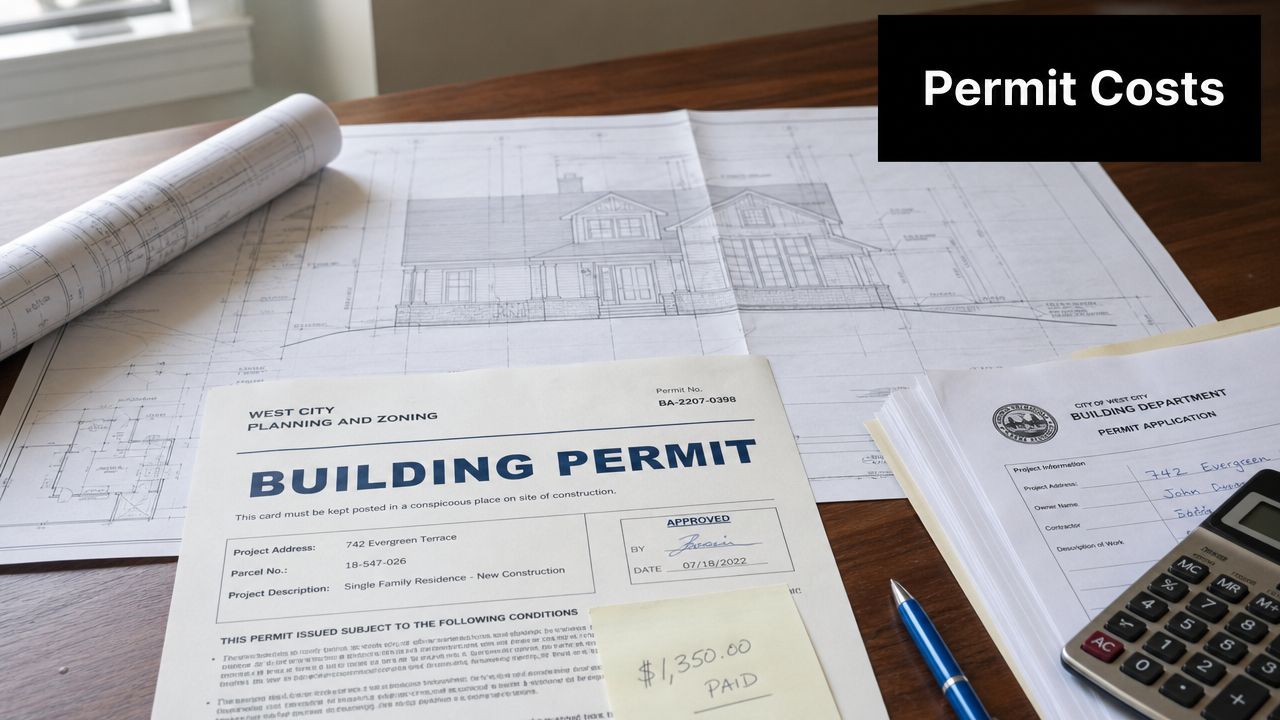 Architectural blueprints, a building permit application, and a paid permit fee on a wooden office desk.