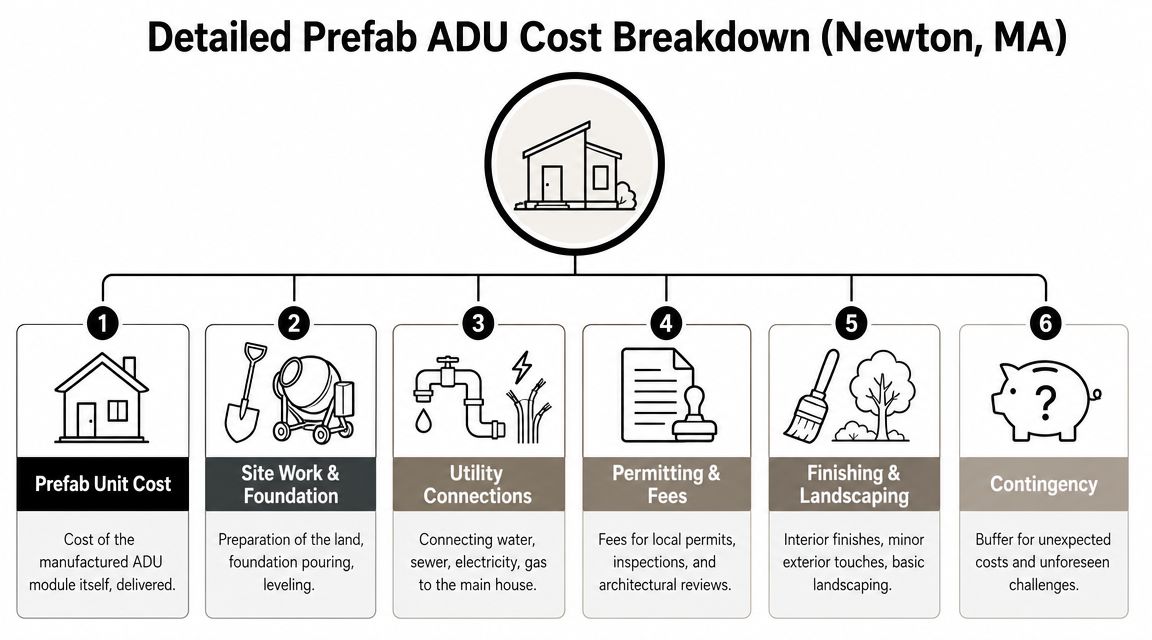 A diagram illustrating the six major cost components for constructing a prefab ADU in Newton, Massachusetts.