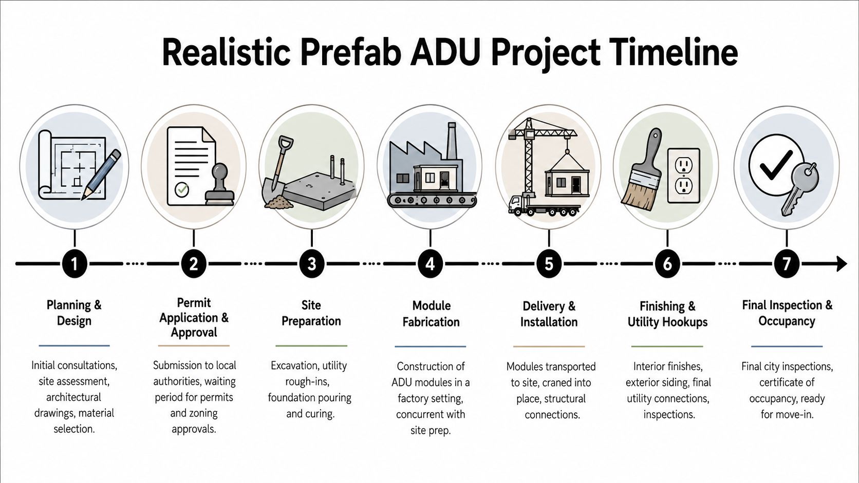An infographic showing the seven sequential steps of a realistic prefab ADU project timeline from planning to occupancy.