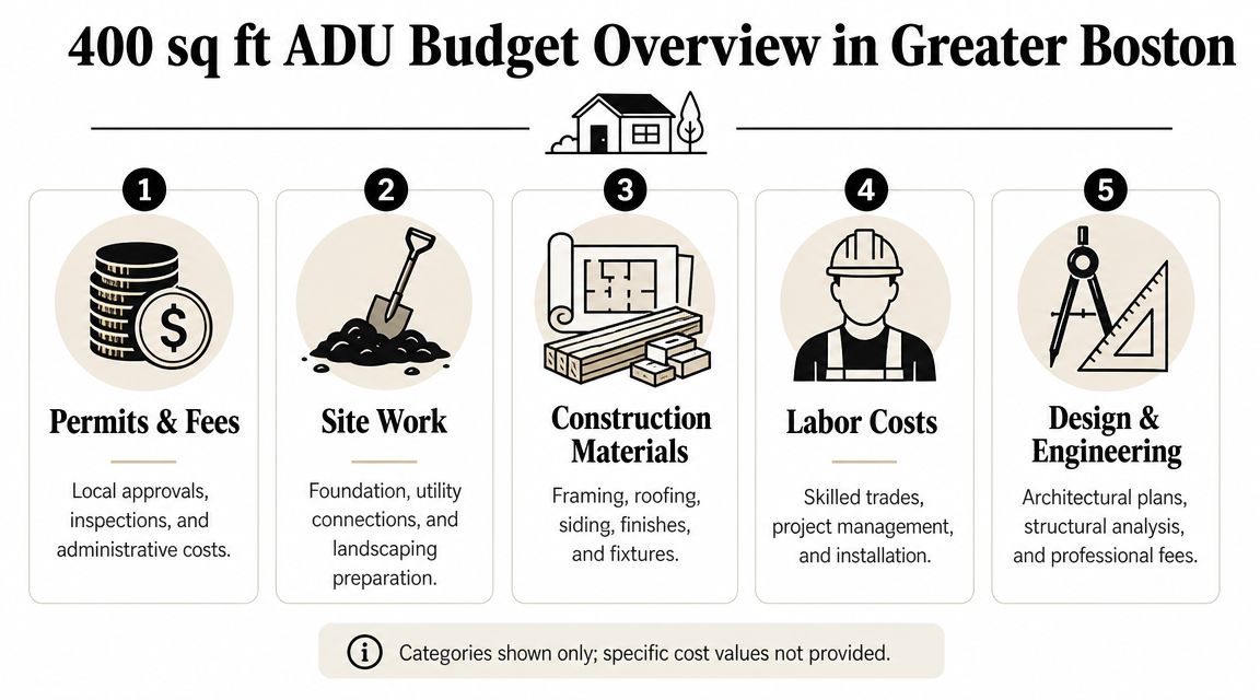 An infographic showing five essential budget categories for a 400 square foot ADU project in Greater Boston.