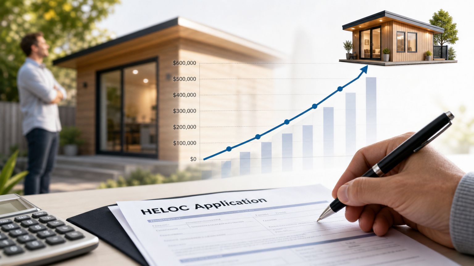 A person signing a HELOC application with a growing financial graph and modern ADU home in background.