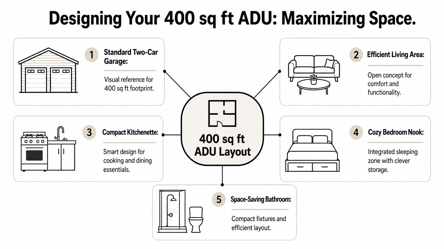 A diagram illustrating the layout and space-saving design features of a small 400 square foot ADU home.