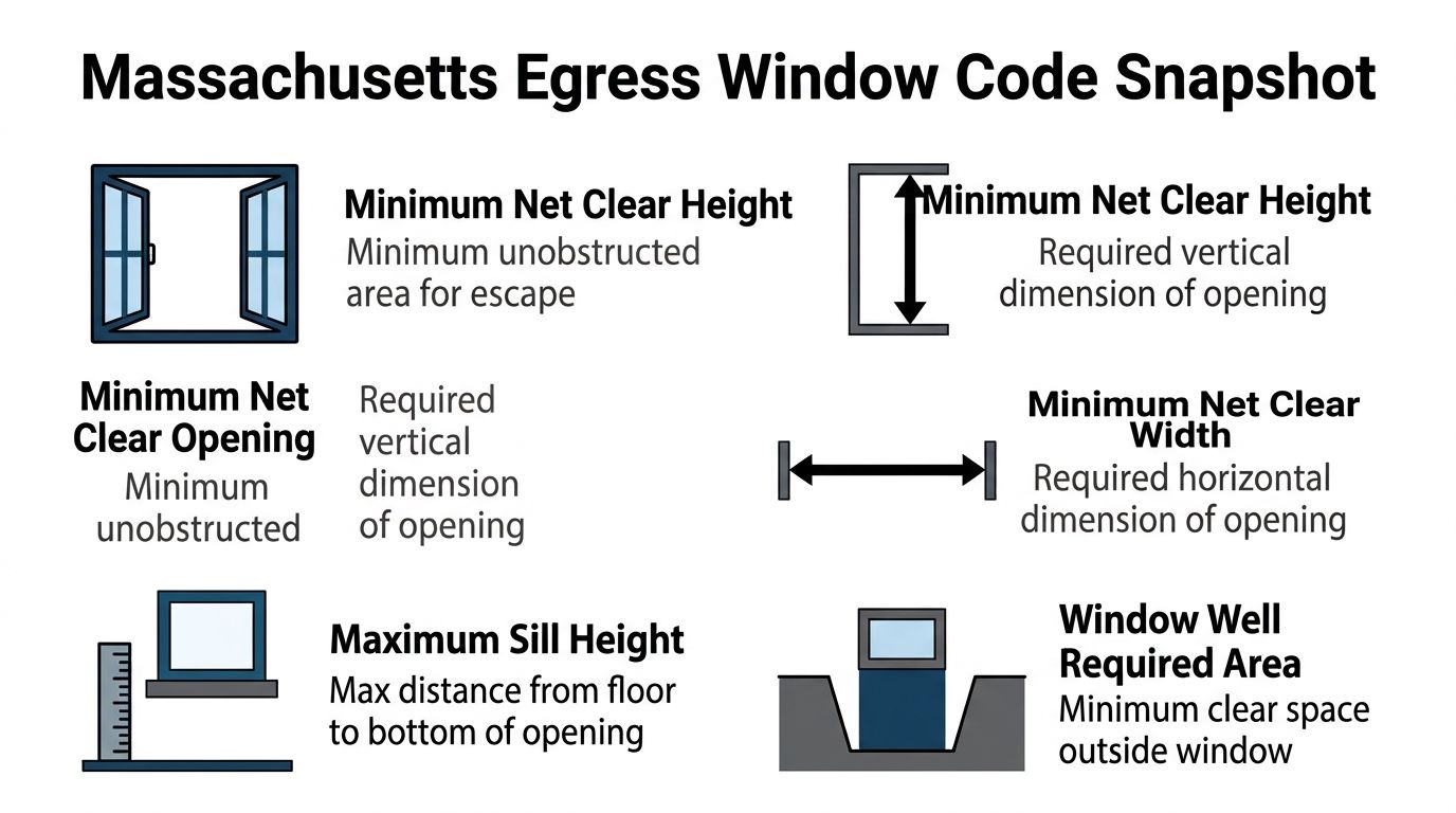 A diagram illustrating the Massachusetts building code requirements for residential emergency escape and rescue egress windows.