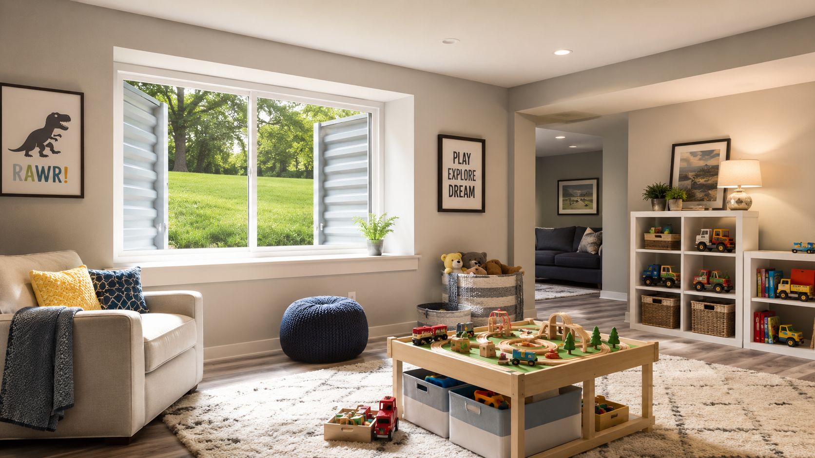 A cozy, well-lit playroom featuring a basement egress window overlooking a lush green backyard scene.