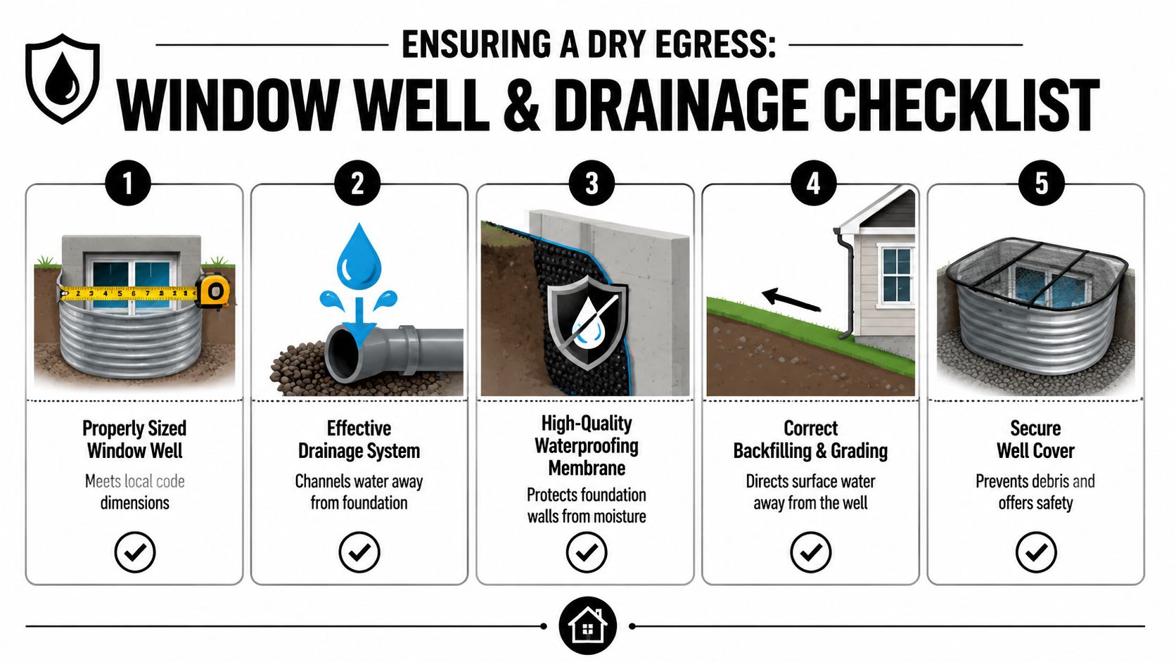 An infographic showing a five-step checklist for properly installing and maintaining basement egress window wells and drainage.