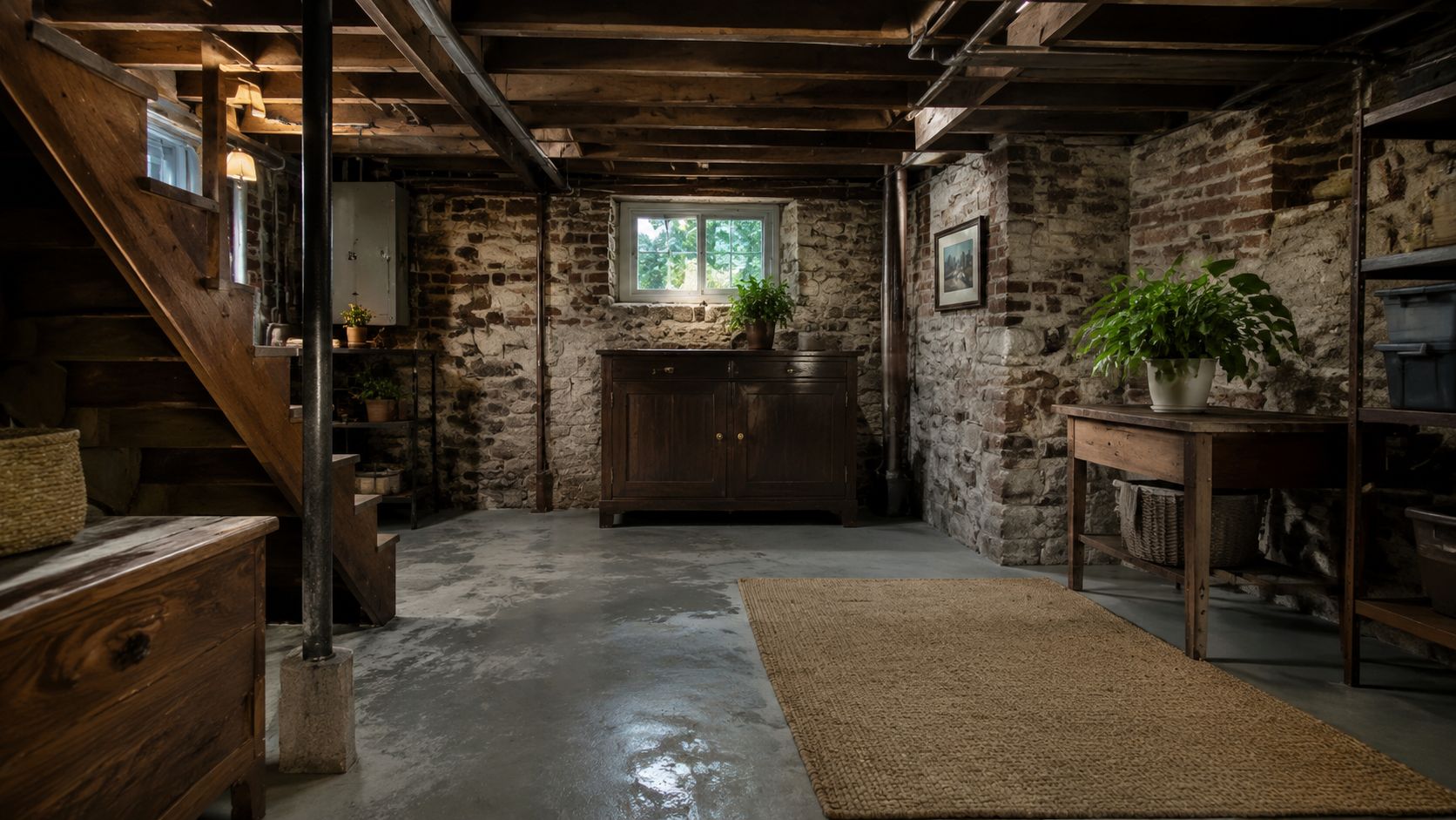 A rustic, finished basement featuring stone walls, wooden stairs, a dark wood cabinet, and a large potted plant.