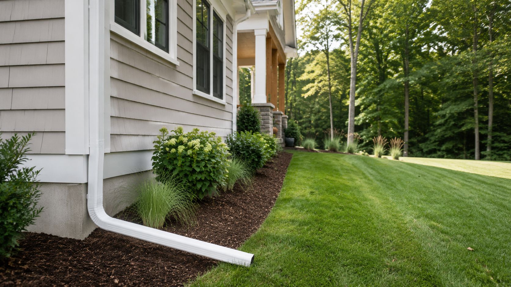 A side view of a house showing a gutter downspout draining onto the mulch bed
