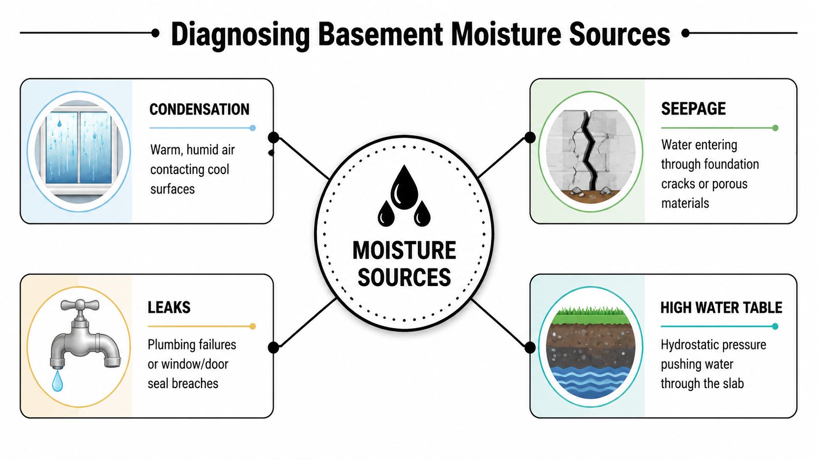 An infographic titled Diagnosing Basement Moisture Sources illustrating condensation, seepage, leaks, and high water table issues.