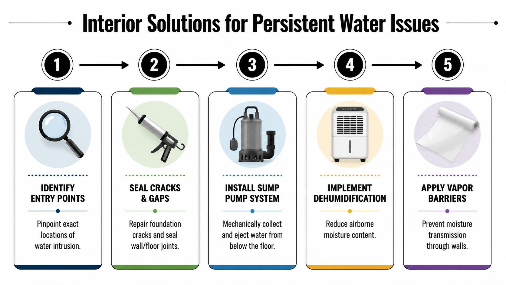 A five-step infographic showing interior solutions for managing persistent water issues in a basement or home.