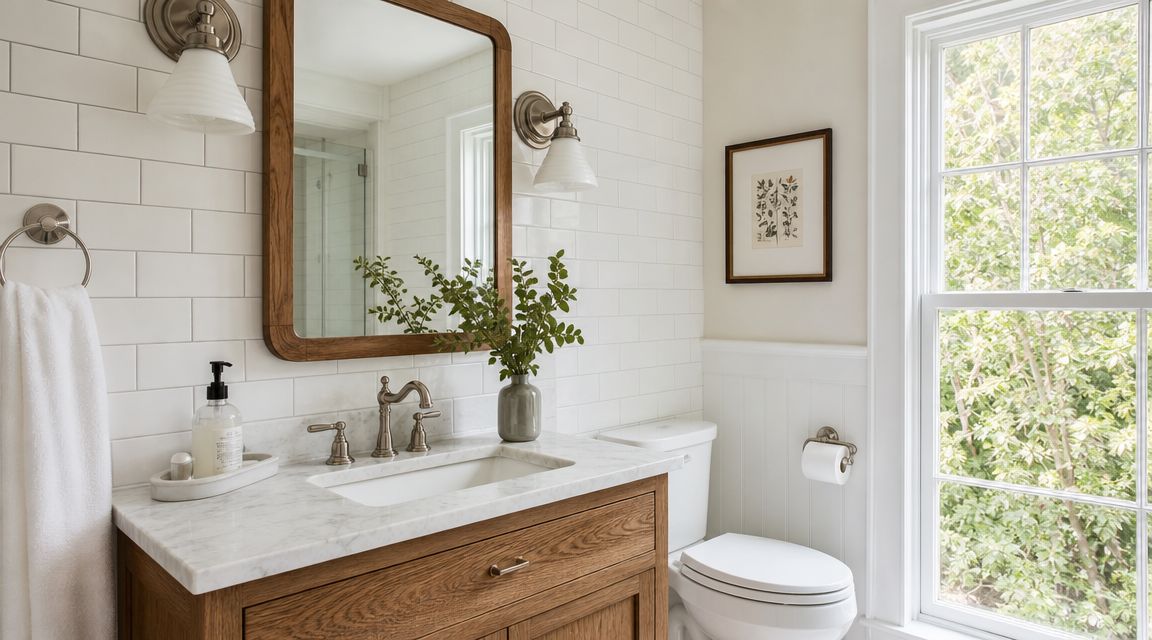 A modern bathroom vanity with a white marble countertop, wooden cabinetry, and bright white subway tile walls.