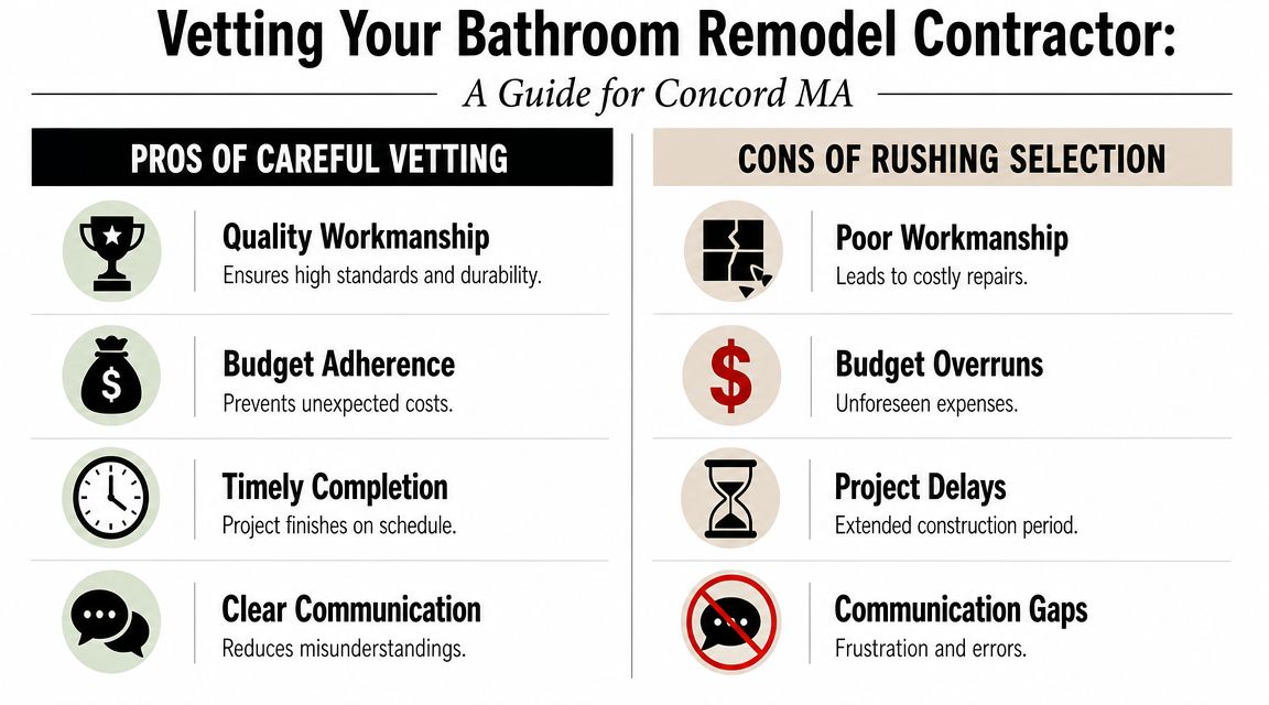 A comparison chart outlining the benefits of vetting bathroom contractors versus the risks of rushing selection.