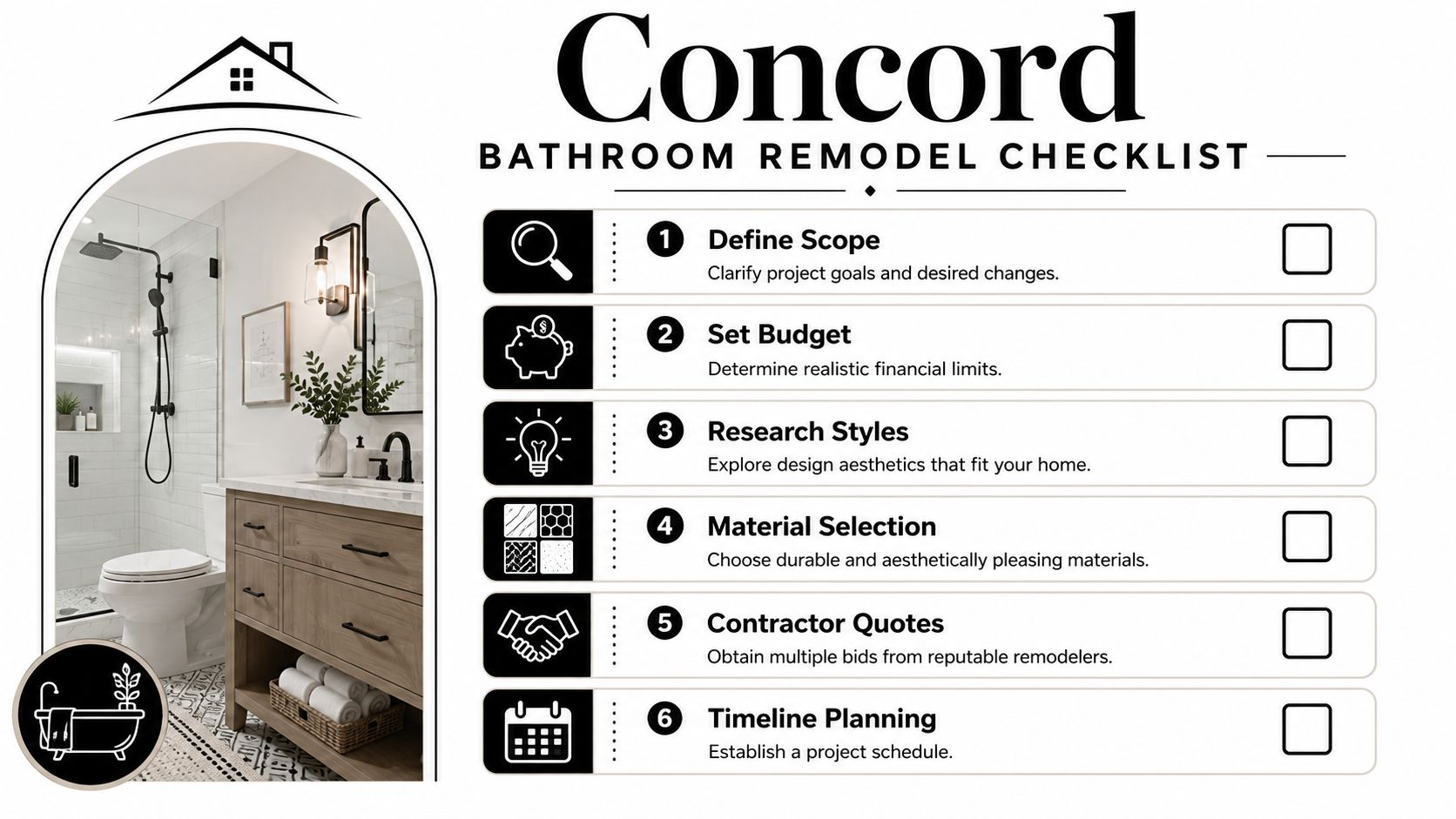 A checklist for a bathroom remodel in Concord, featuring a stylish modern bathroom interior design inspiration.