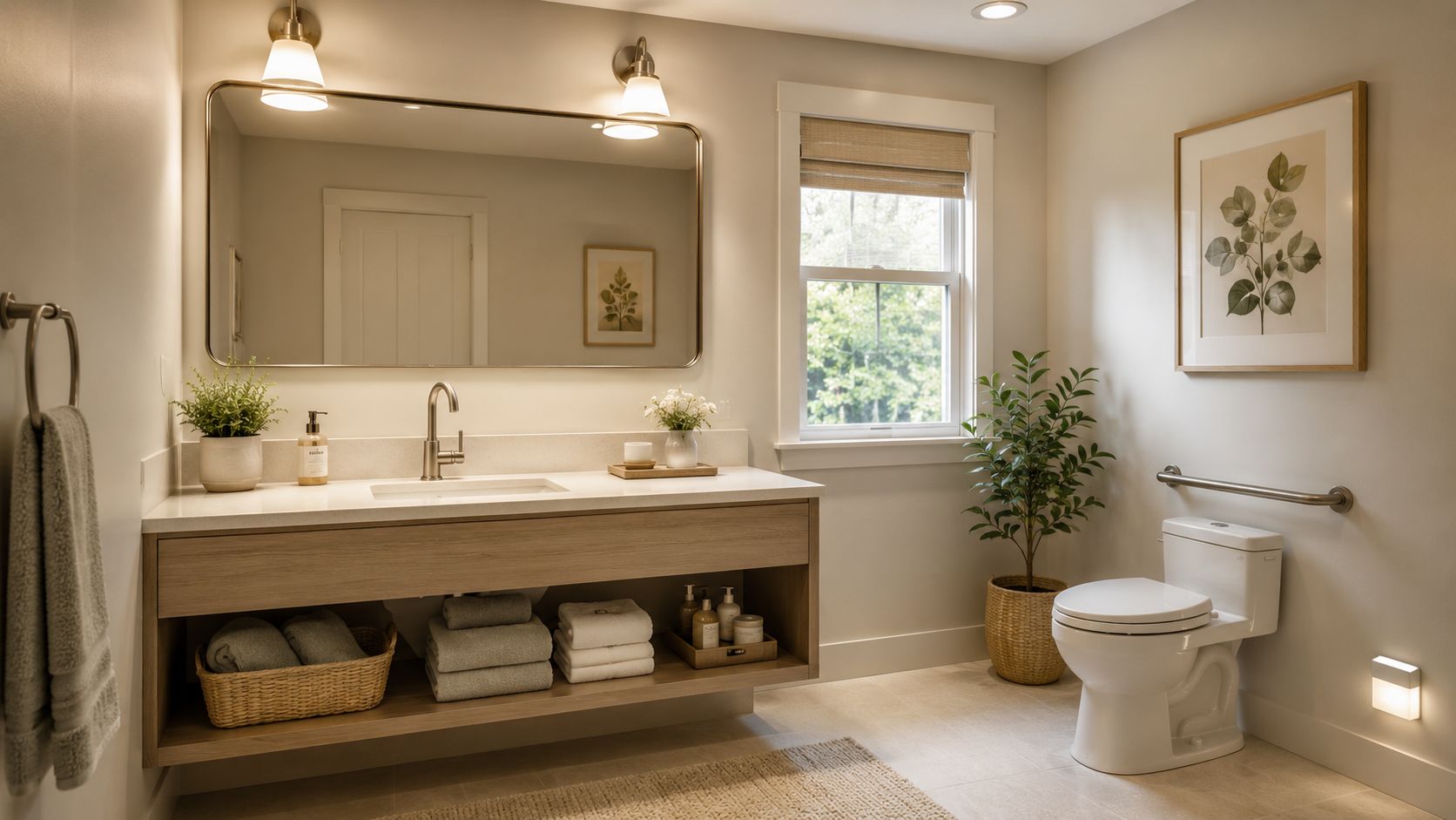 A bright and accessible modern bathroom featuring a floating wooden vanity, neutral decor, and universal design elements.