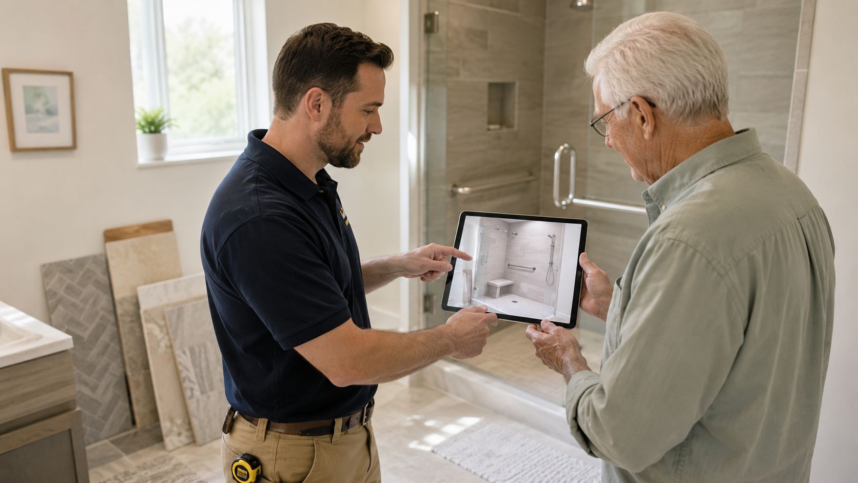 A contractor uses a tablet to discuss a bathroom remodel project with an elderly male client.