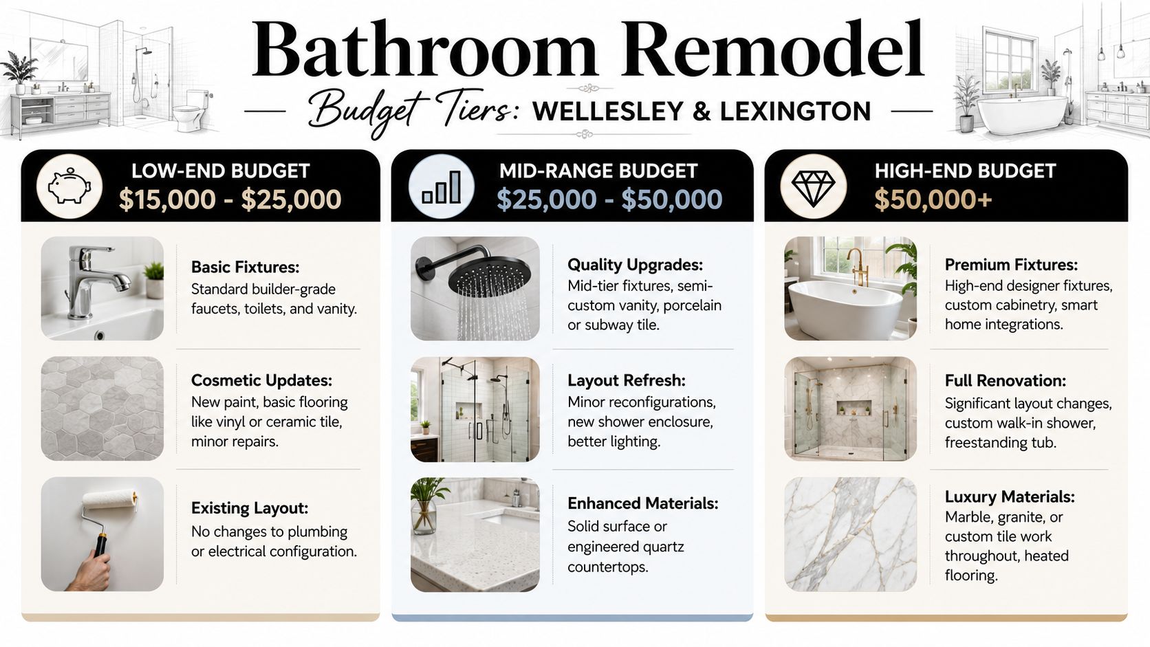 A visual guide outlining bathroom remodel budget tiers ranging from low-end to high-end project costs.