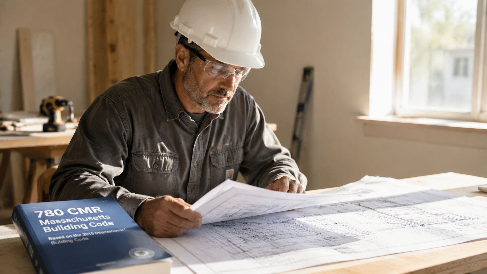 A professional construction engineer in a hard hat reviewing architectural building blueprints at a wooden desk.