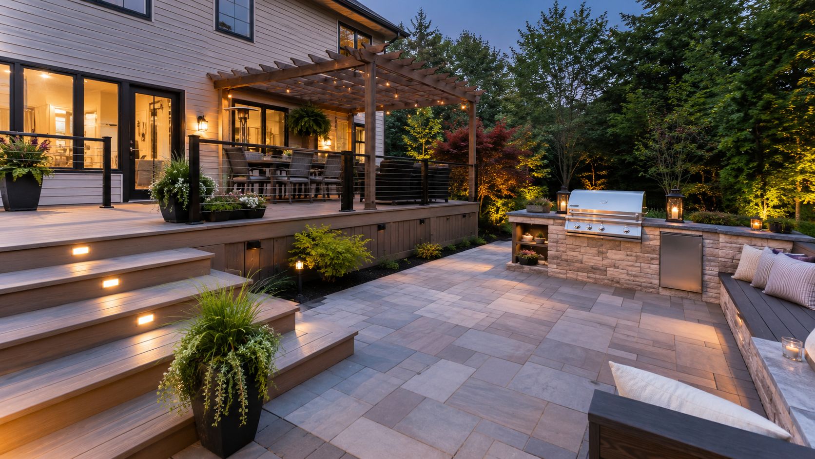 A luxurious backyard deck and stone patio featuring modern outdoor lighting, a pergola, and a built-in grill.