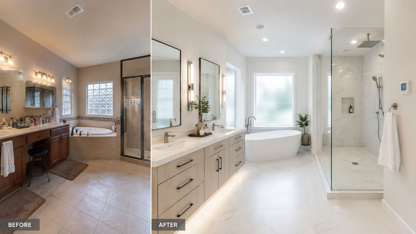 A side-by-side comparison of a bathroom before and after a modern renovation and home remodel.