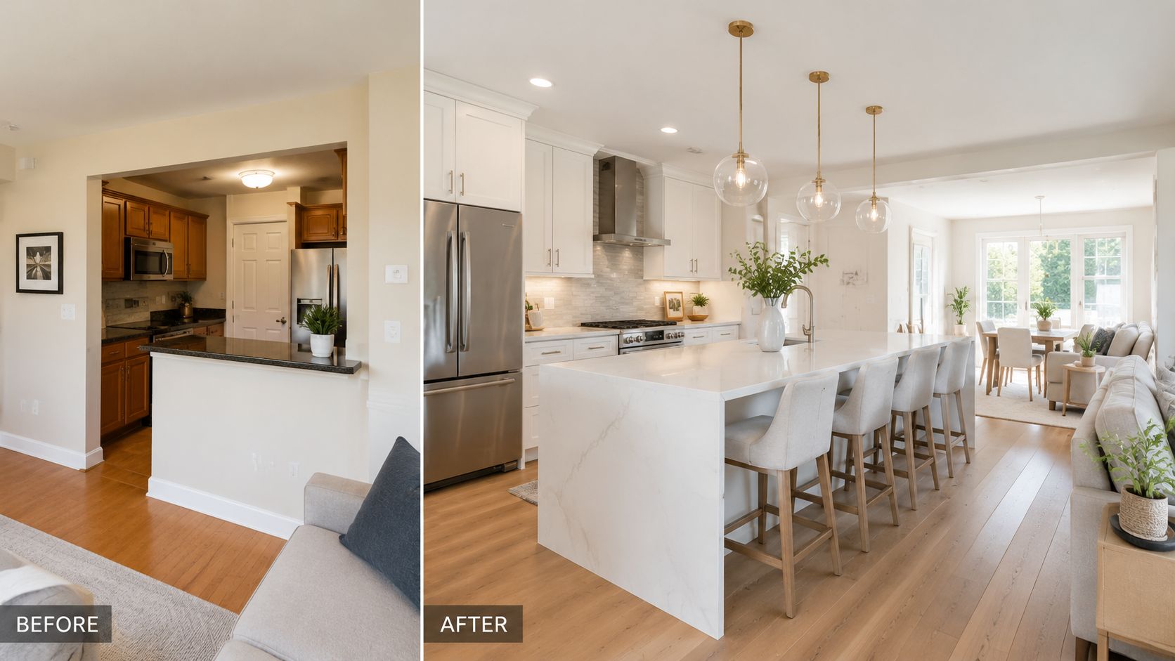 A split image showing a dated dark kitchen transformed into a modern bright open concept kitchen design.