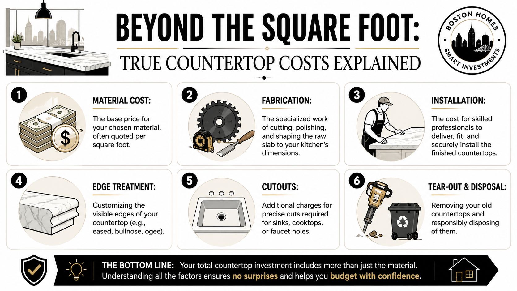 An infographic titled Beyond the Square Foot explaining the six primary cost factors for kitchen countertops.