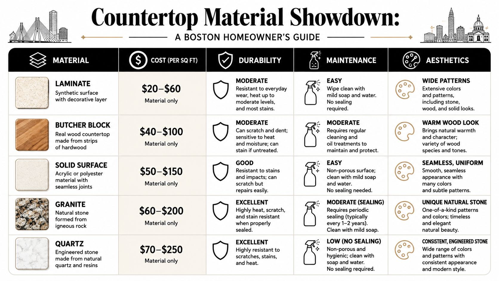 A comparative guide showing cost, durability, maintenance, and aesthetics of common kitchen countertop materials like granite and quartz.