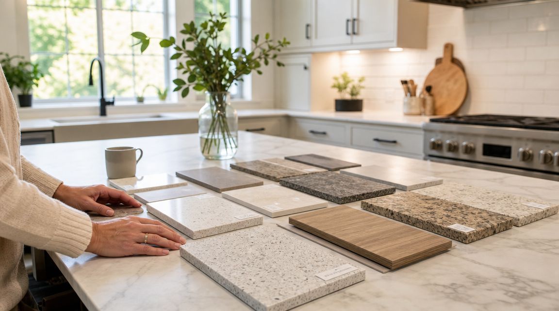 A person selecting from various countertop material samples displayed on a white marble kitchen island.