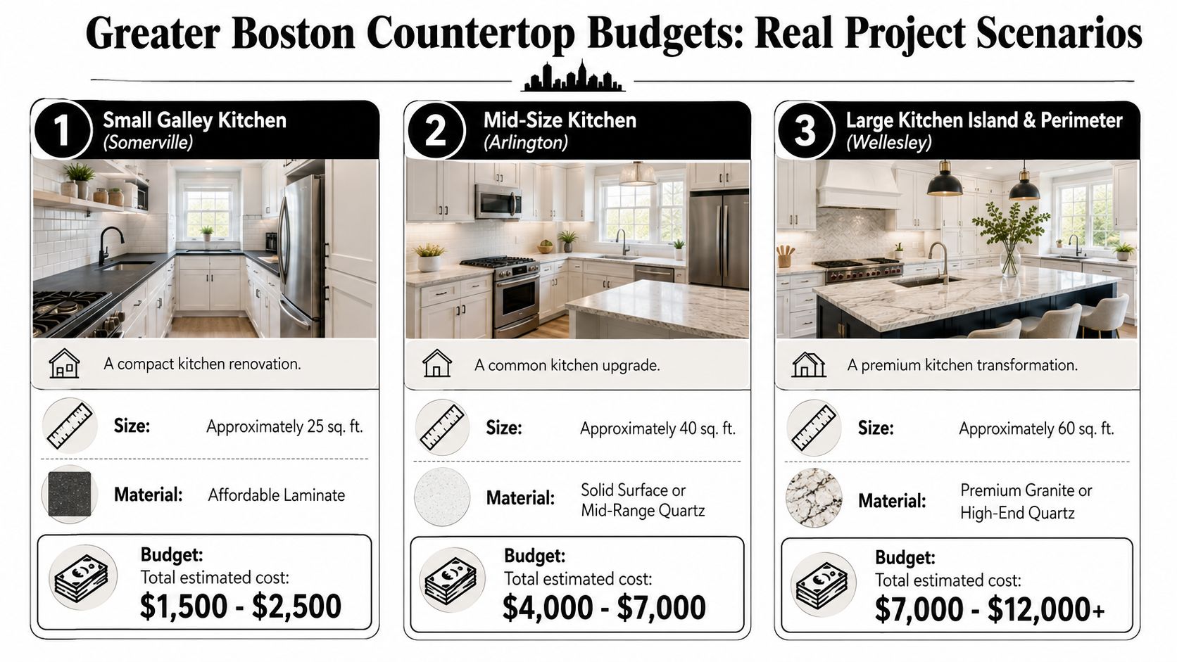 A comparison chart showing countertop budget estimates for three different kitchen renovation project scenarios in Boston.