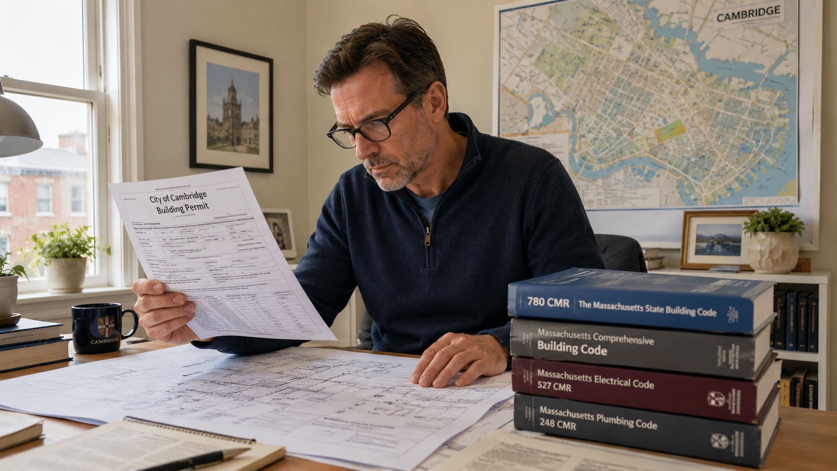 A professional man studying building permits and construction code books at a desk with architectural plans.