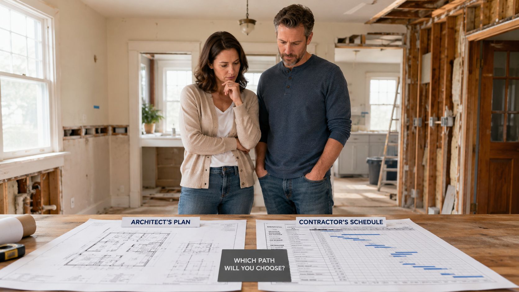 A couple standing in a house under renovation while comparing an architect's plan and a contractor's schedule.