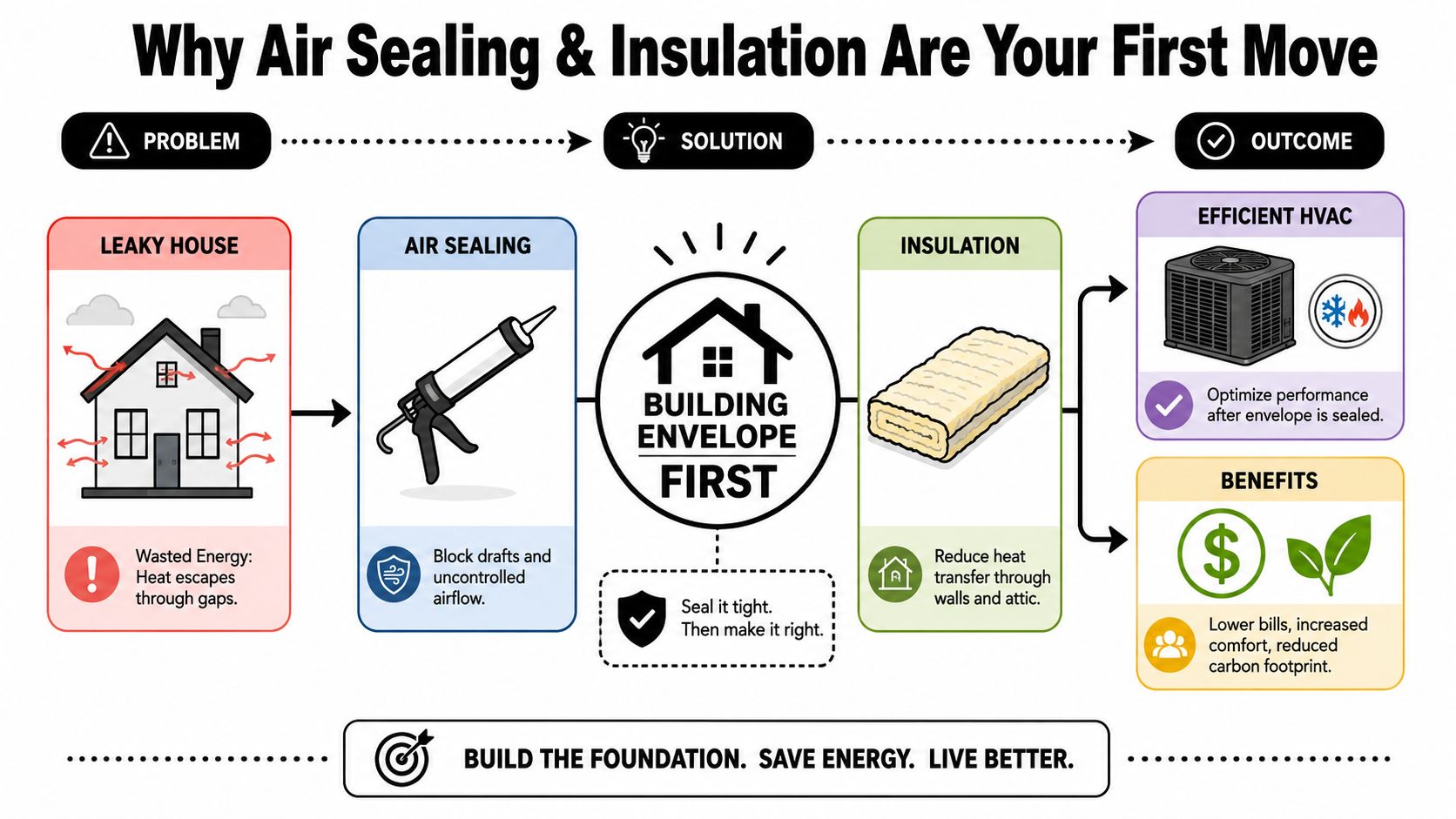 An infographic illustrating how air sealing and insulation improve energy efficiency in residential buildings.