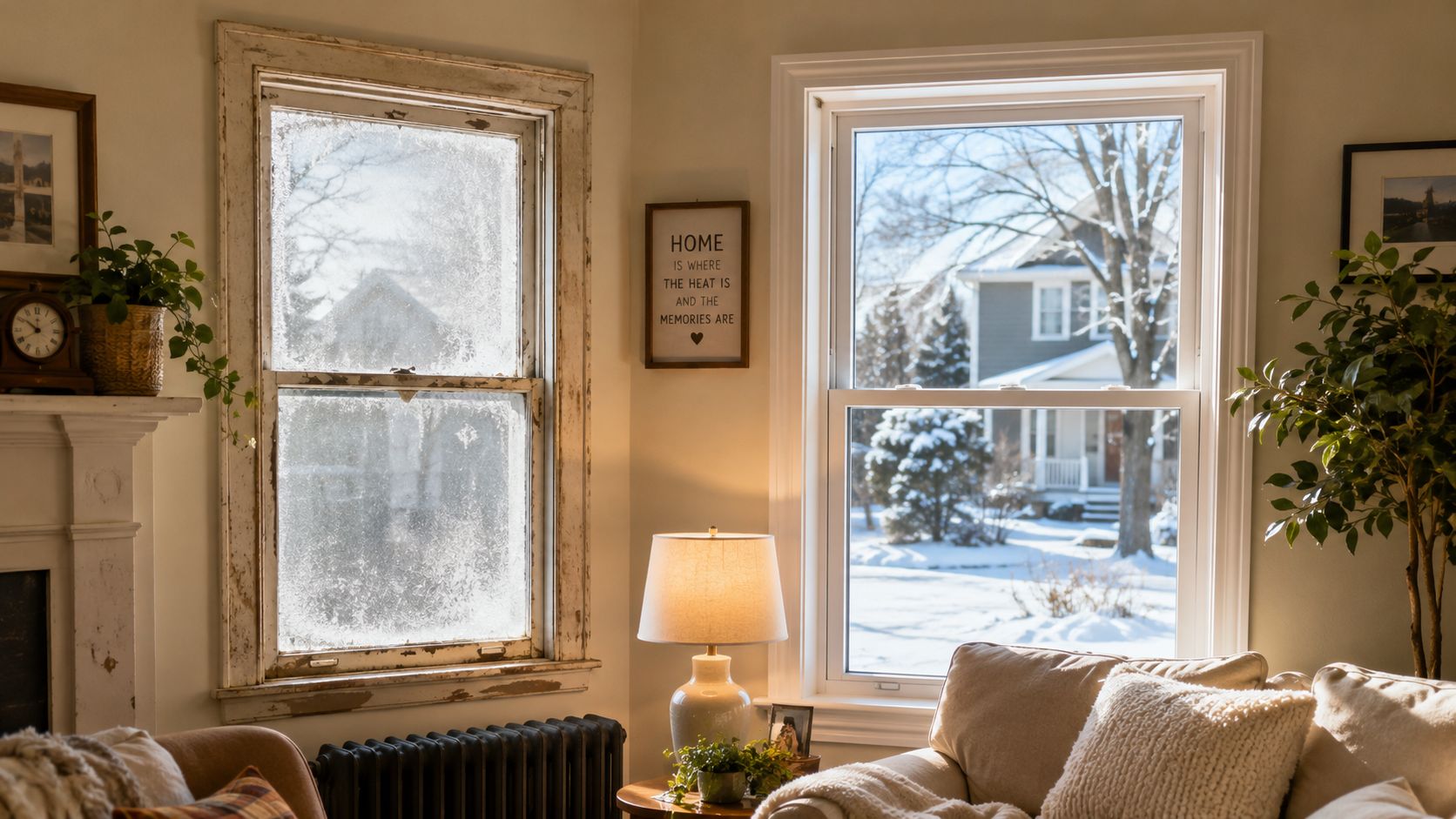 A bright cozy living room featuring a frosted window and a modern energy-efficient window looking outside.