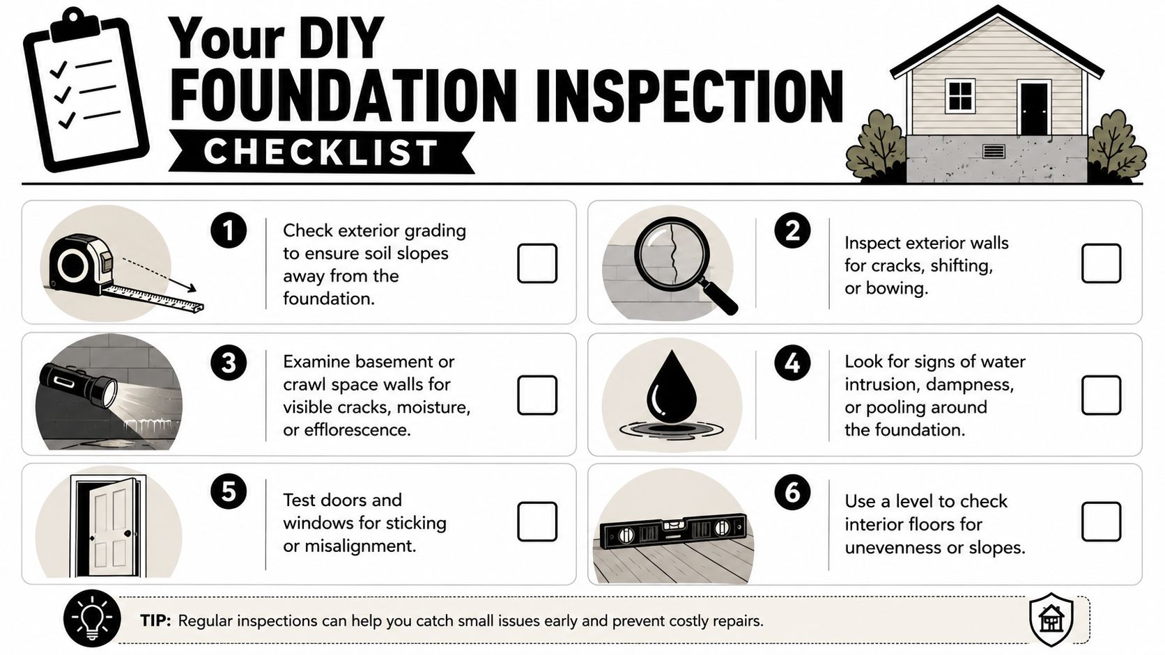 A DIY home foundation inspection checklist with six numbered steps to identify common structural or moisture issues.