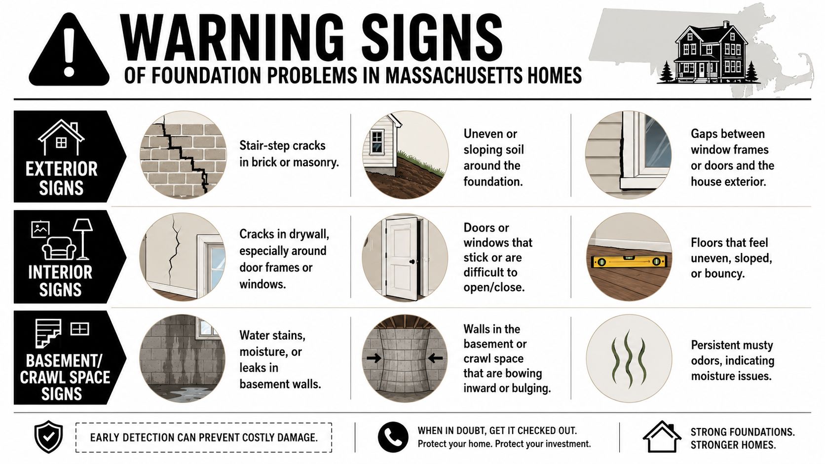 An infographic illustrating common exterior, interior, and basement signs of foundation problems in Massachusetts homes.