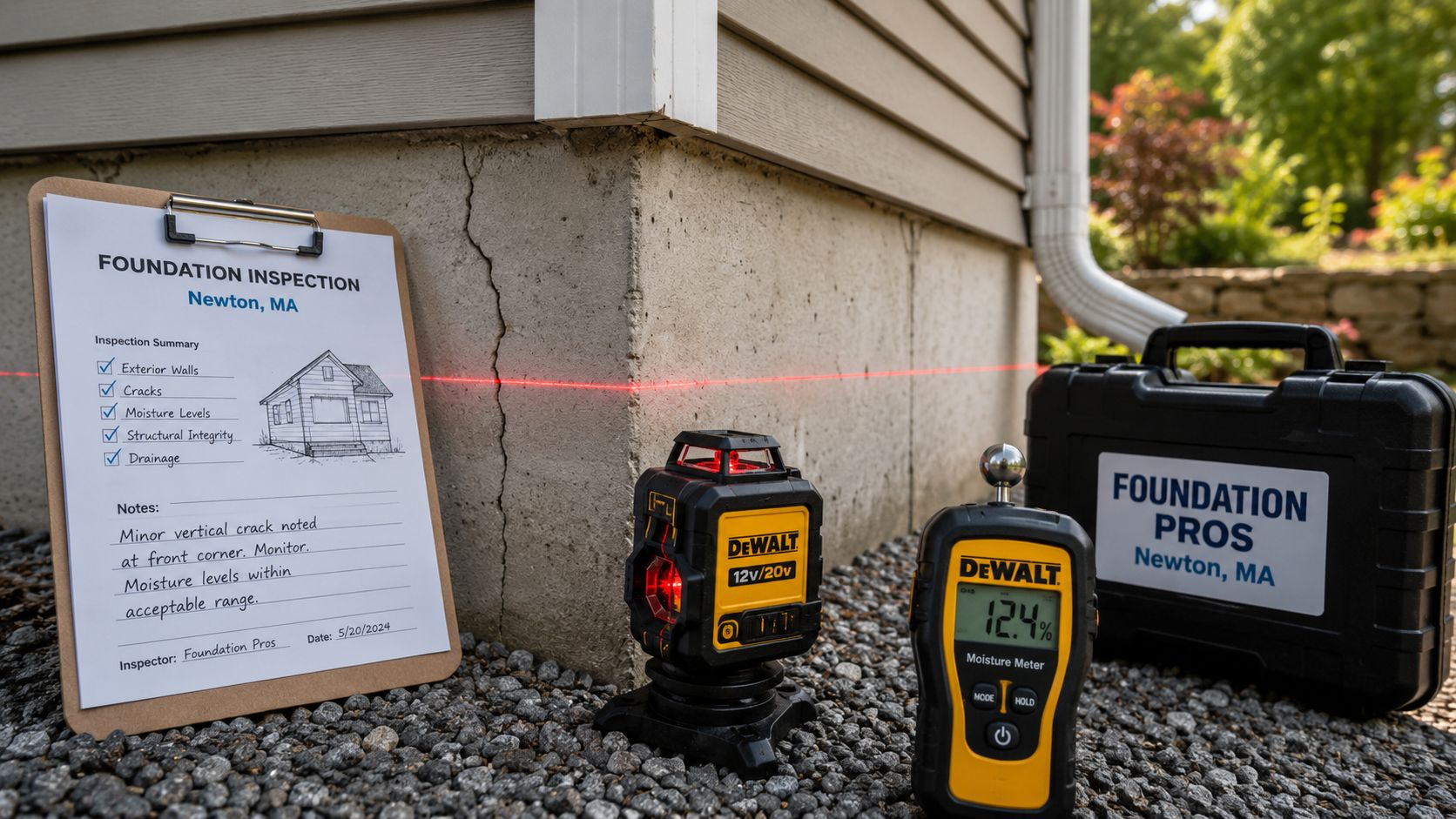 A foundation inspection report clipboard, laser level, and moisture meter positioned in front of a concrete foundation wall.