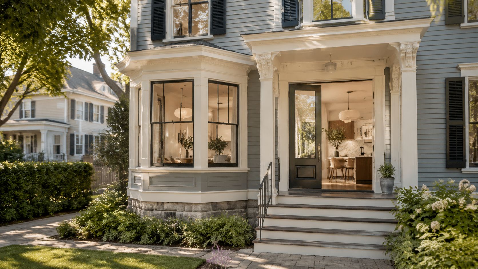 A renovated historic house with a black front door, classic bay windows, and stone foundation.