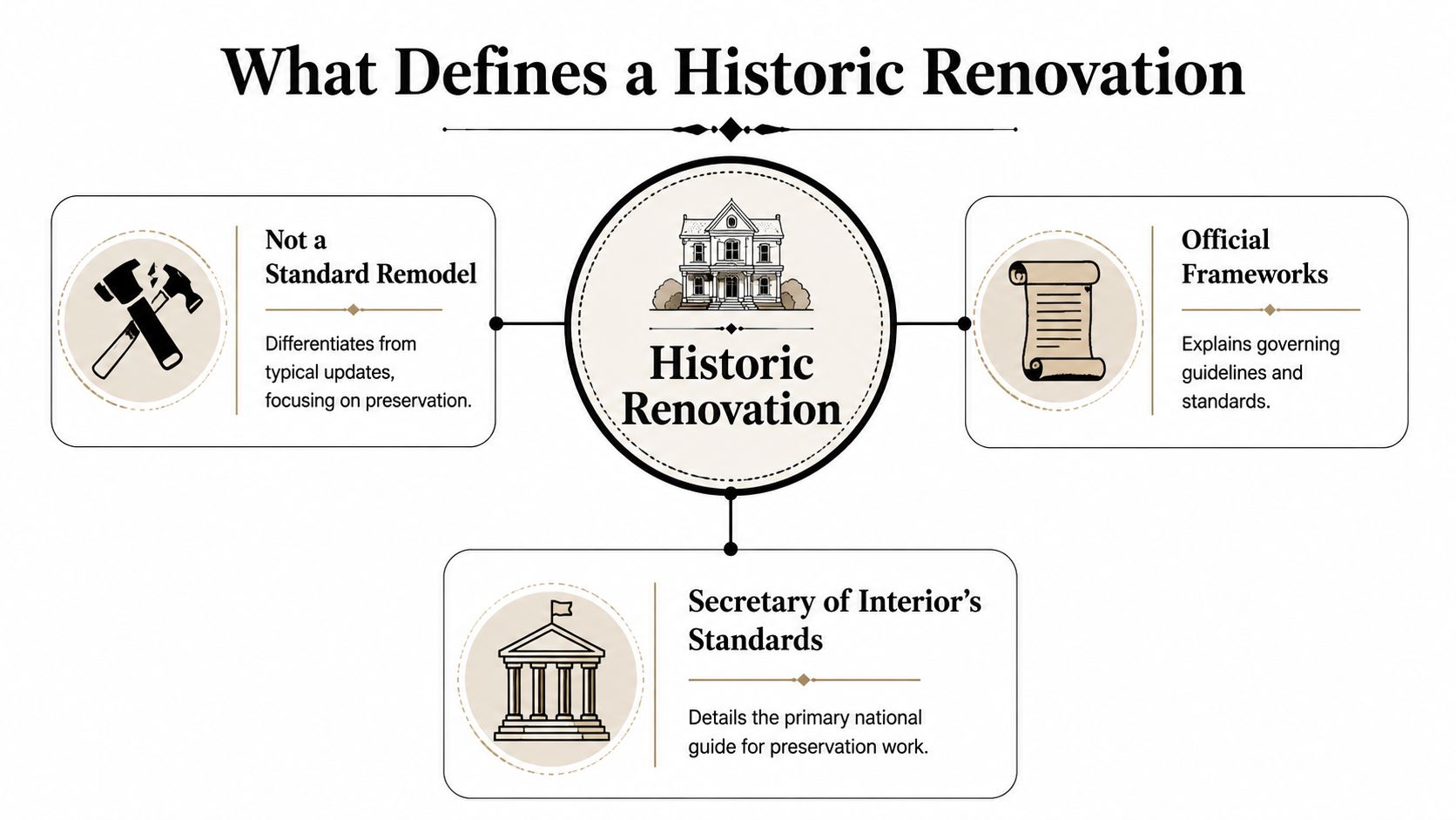 A diagram outlining the key definitions and official standards governing historic home renovation projects and preservation work.