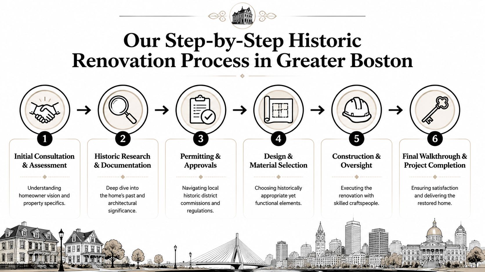 A six-step infographic detailing the process for historic home renovation projects in the Greater Boston area.