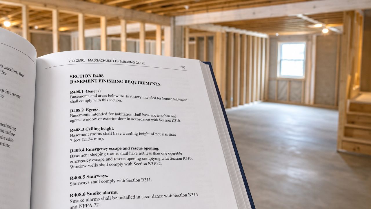 A close-up view of a building code book held in front of an unfinished basement construction project.