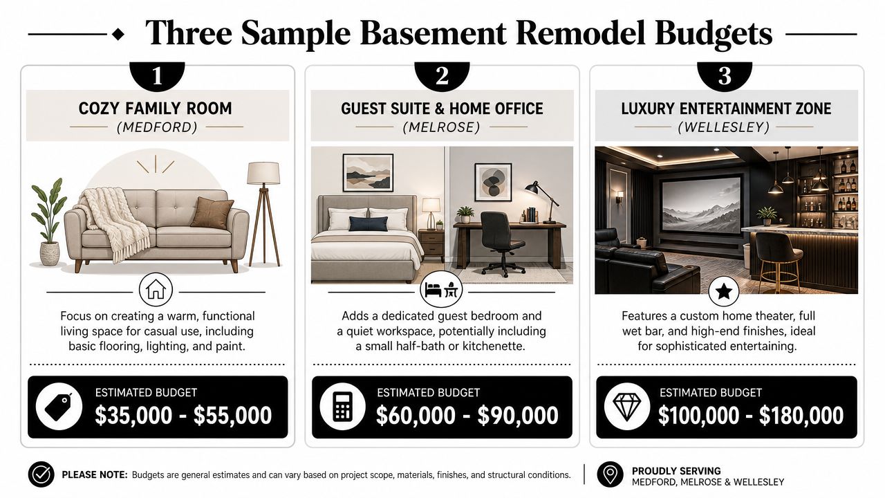 A visual comparison infographic showing three basement remodel budget categories ranging from budget to luxury levels.