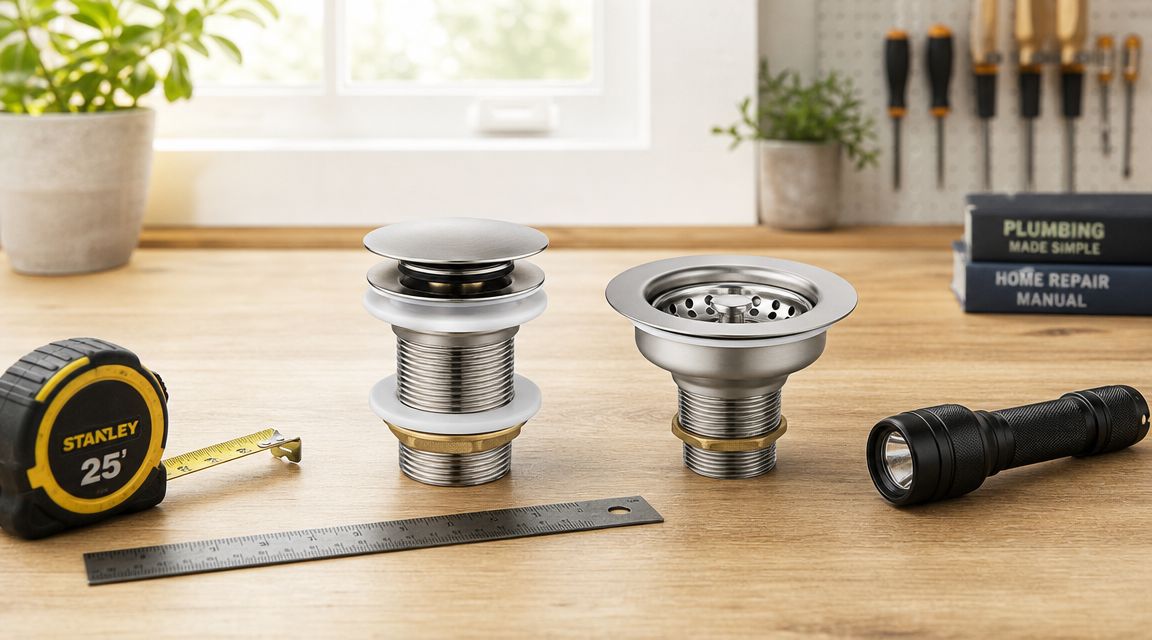A stainless steel bathtub drain assembly and kitchen sink drain strainer sitting on a wooden workbench with tools.