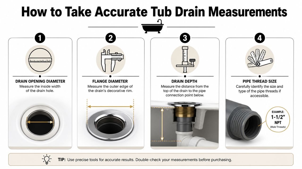 An infographic showing four steps to accurately measure a bathtub drain, including diameter, flange, and thread size.