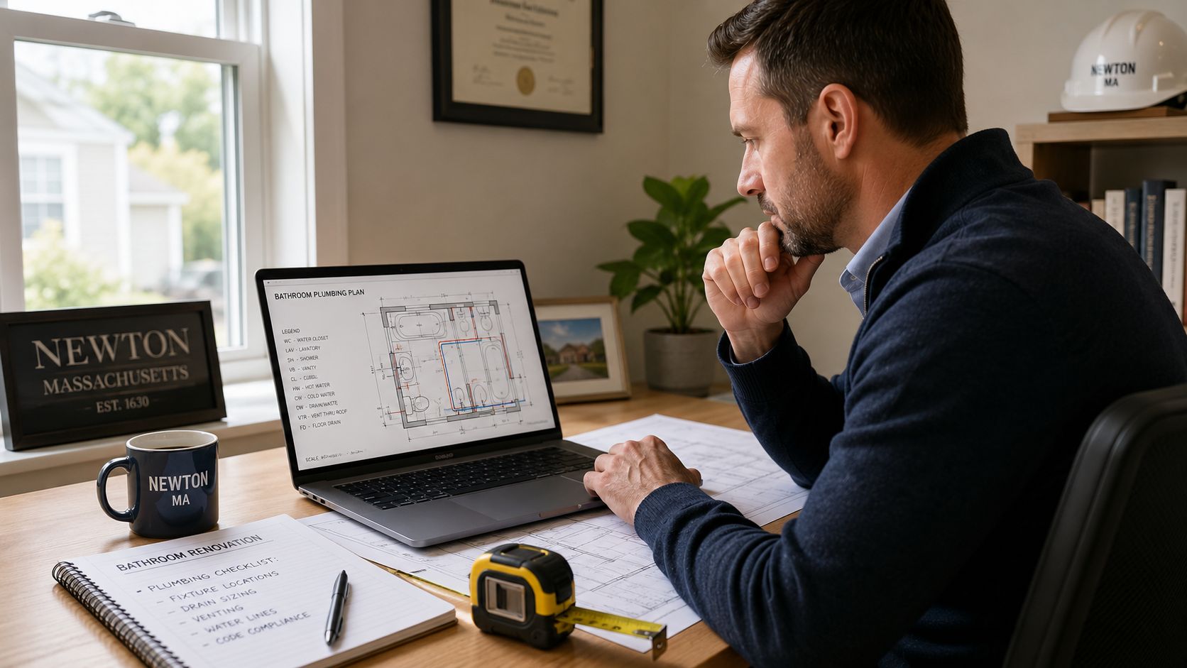 A professional working on bathroom renovation plumbing plans while sitting at a desk with blueprints.