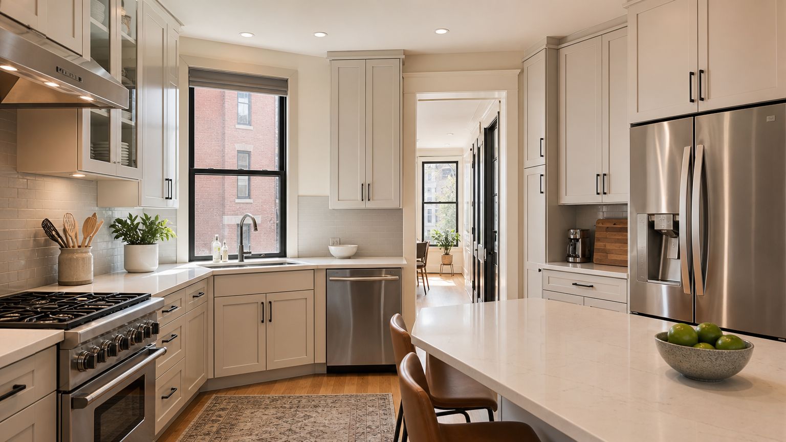 A bright and modern kitchen featuring light gray cabinets, stainless steel appliances, and a marble island.