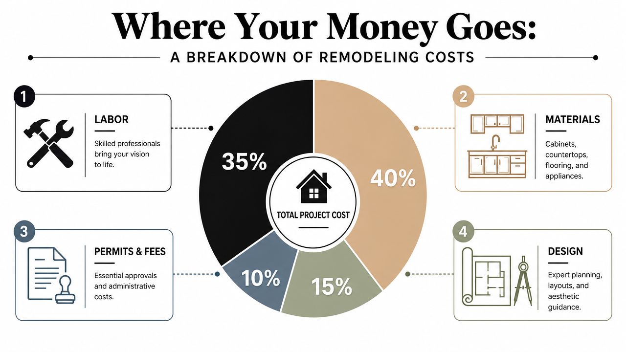A pie chart infographic detailing the breakdown of typical home remodeling costs including labor, materials, design, and permits.