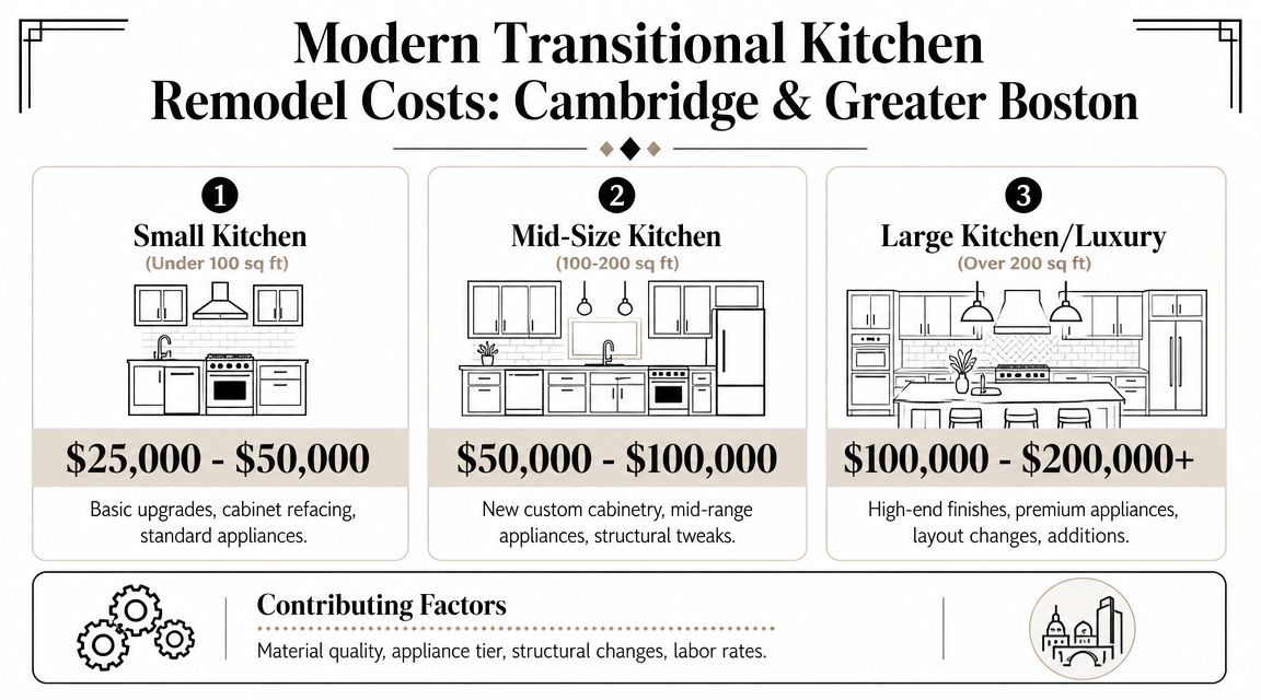 A cost guide chart for modern transitional kitchen remodels in the Cambridge and Greater Boston area.